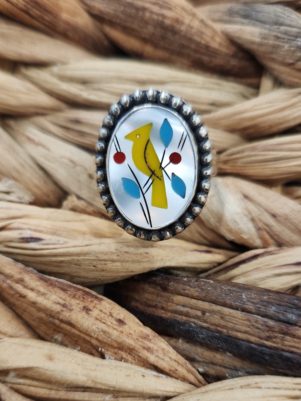 Sterling Silver Mother Of Pearl Inlay Bird Ring